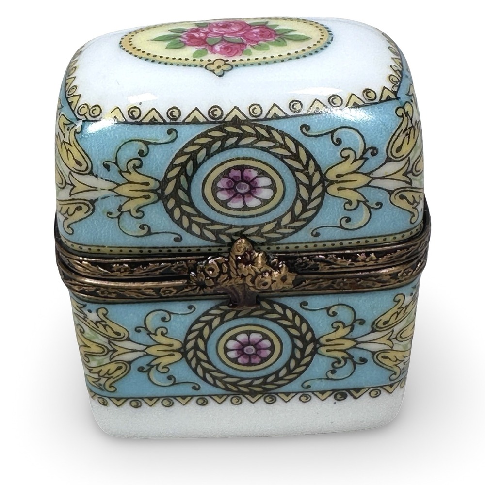 Vintage Limoges France Porcelain Trinket Perfume Box w/ 2 Bottles Floral Blue